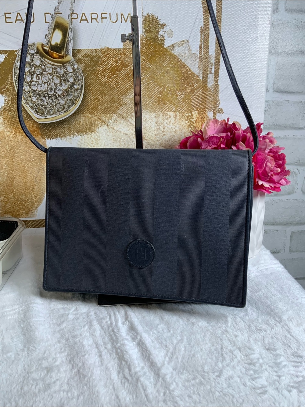 Fendi Navy Blue Vertical Stripe Shoulder Bag